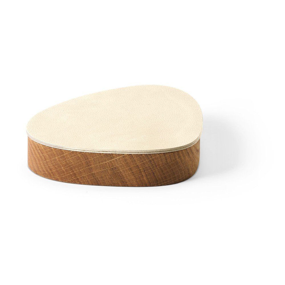 Krémszínű-natúr színű fedeles-dekoratív fa-öko bőr tárolódoboz 14x12