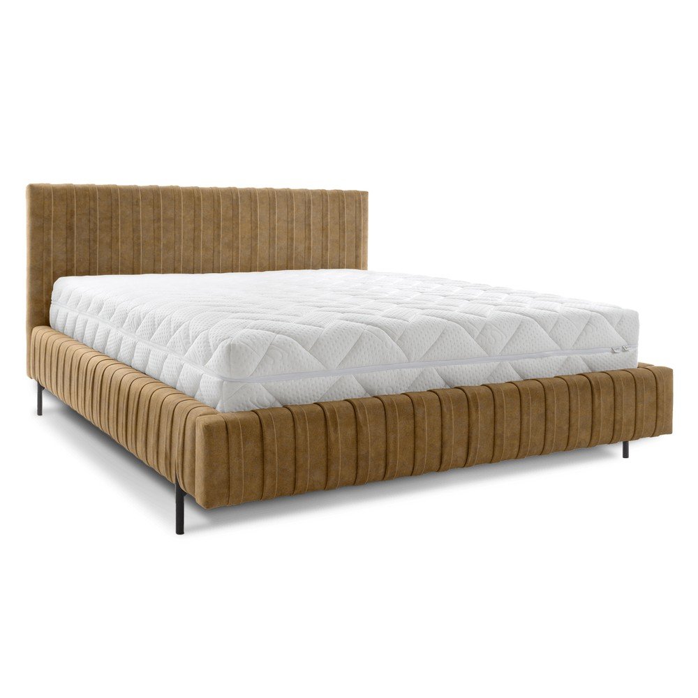 Okkersárga kárpitozott ágyneműtartós franciaágy ágyráccsal 140x200 cm Plissa – ELTAP