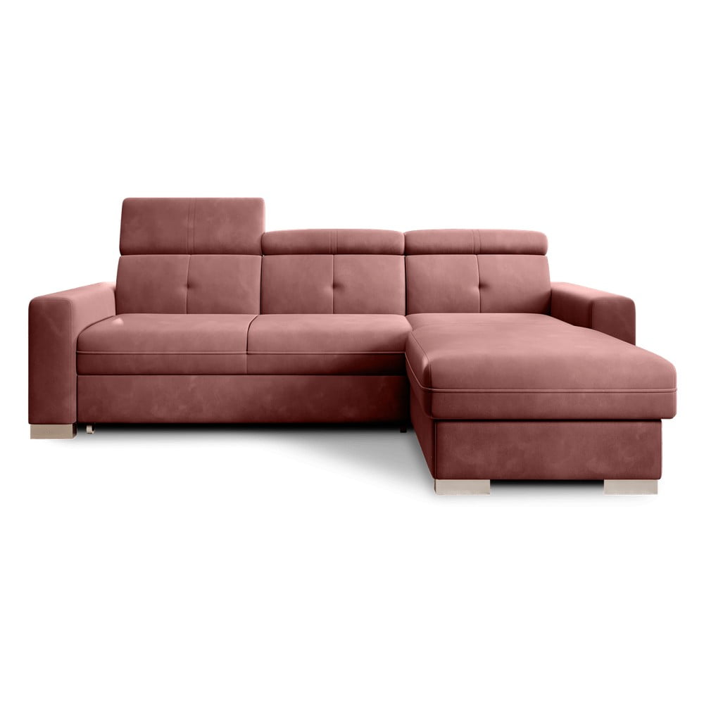 Rózsaszín bársony kinyitható-tárolóhelyes sarokkanapé (jobb oldali-heverő résszel) Fresia – ELTAP