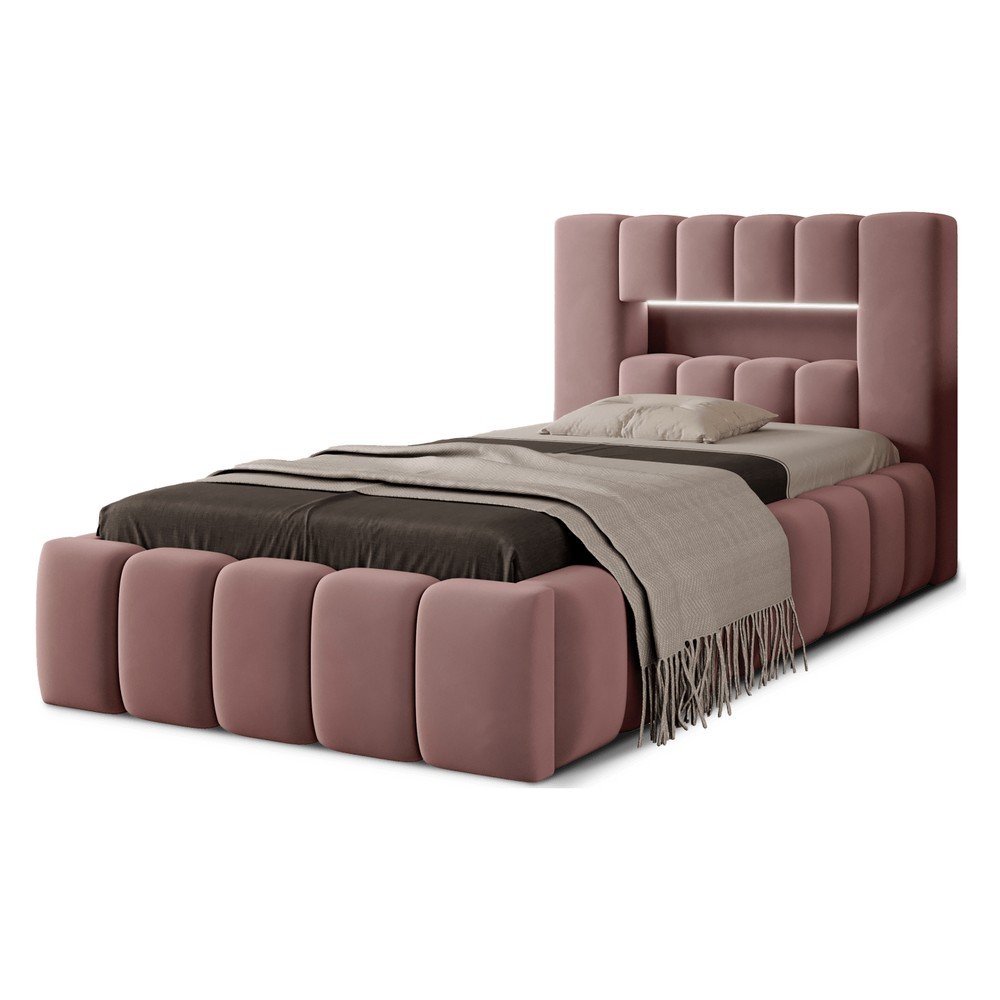 Rózsaszín kárpitozott ágyneműtartós egyszemélyes ágy ágyráccsal 90x200 cm Lamica – ELTAP