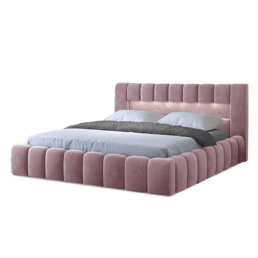 Rózsaszín kárpitozott ágyneműtartós franciaágy ágyráccsal 160x200 cm Lamica – ELTAP