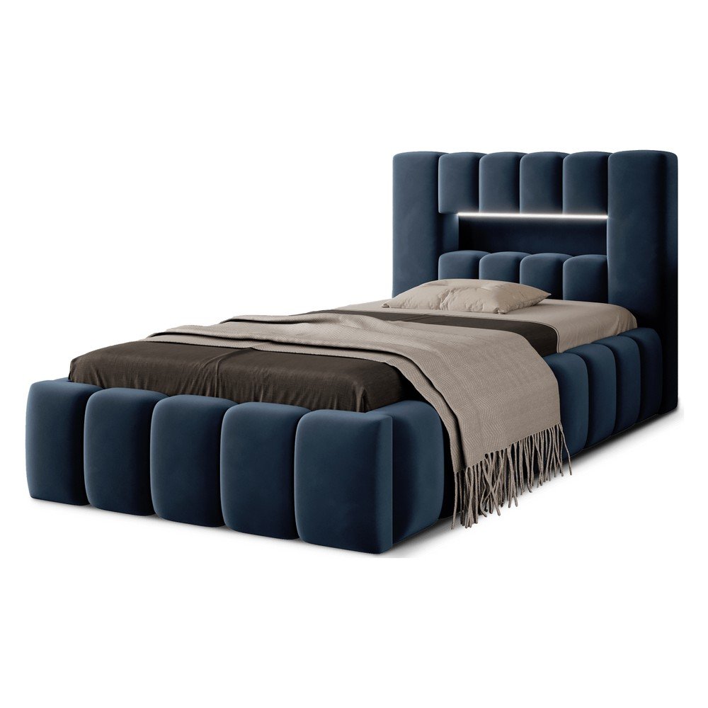 Sötétkék kárpitozott ágyneműtartós egyszemélyes ágy ágyráccsal 90x200 cm Lamica – ELTAP