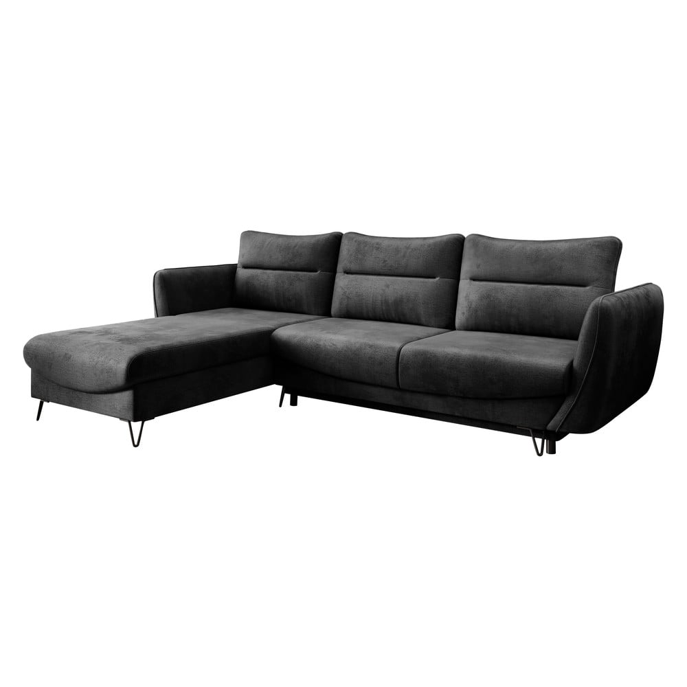 Sötétszürke bársony kinyitható-tárolóhelyes sarokkanapé (bal oldali-heverő résszel) Silva – ELTAP