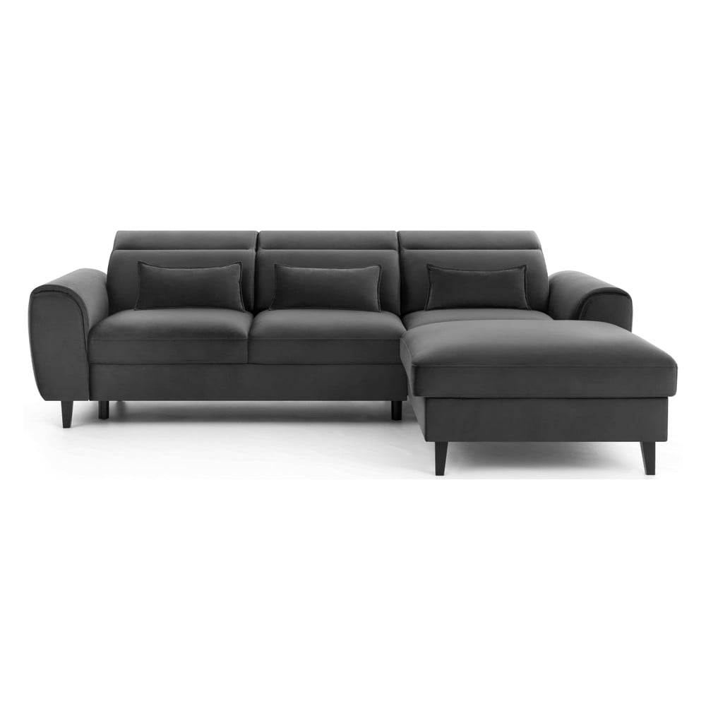 Sötétszürke bársony kinyitható-tárolóhelyes sarokkanapé (jobb oldali-heverő résszel) Foble – ELTAP