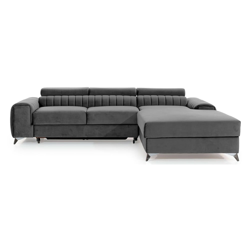 Sötétszürke bársony kinyitható-tárolóhelyes sarokkanapé (jobb oldali-heverő résszel) Grayson – ELTAP