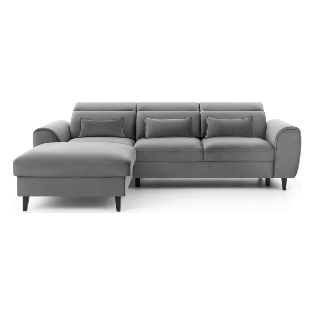 Szürke bársony kinyitható-tárolóhelyes sarokkanapé (bal oldali-heverő résszel) Foble – ELTAP