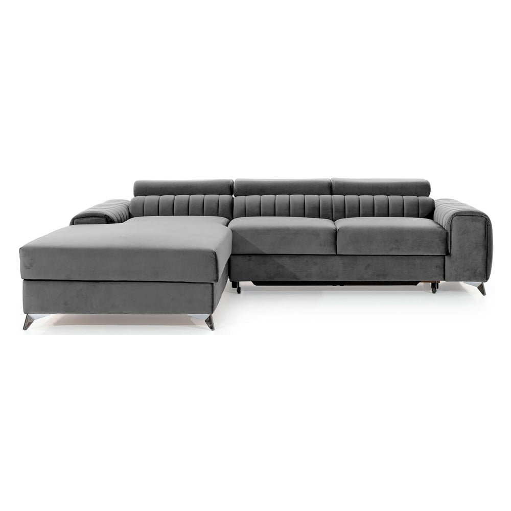 Szürke bársony kinyitható-tárolóhelyes sarokkanapé (bal oldali-heverő résszel) Grayson – ELTAP