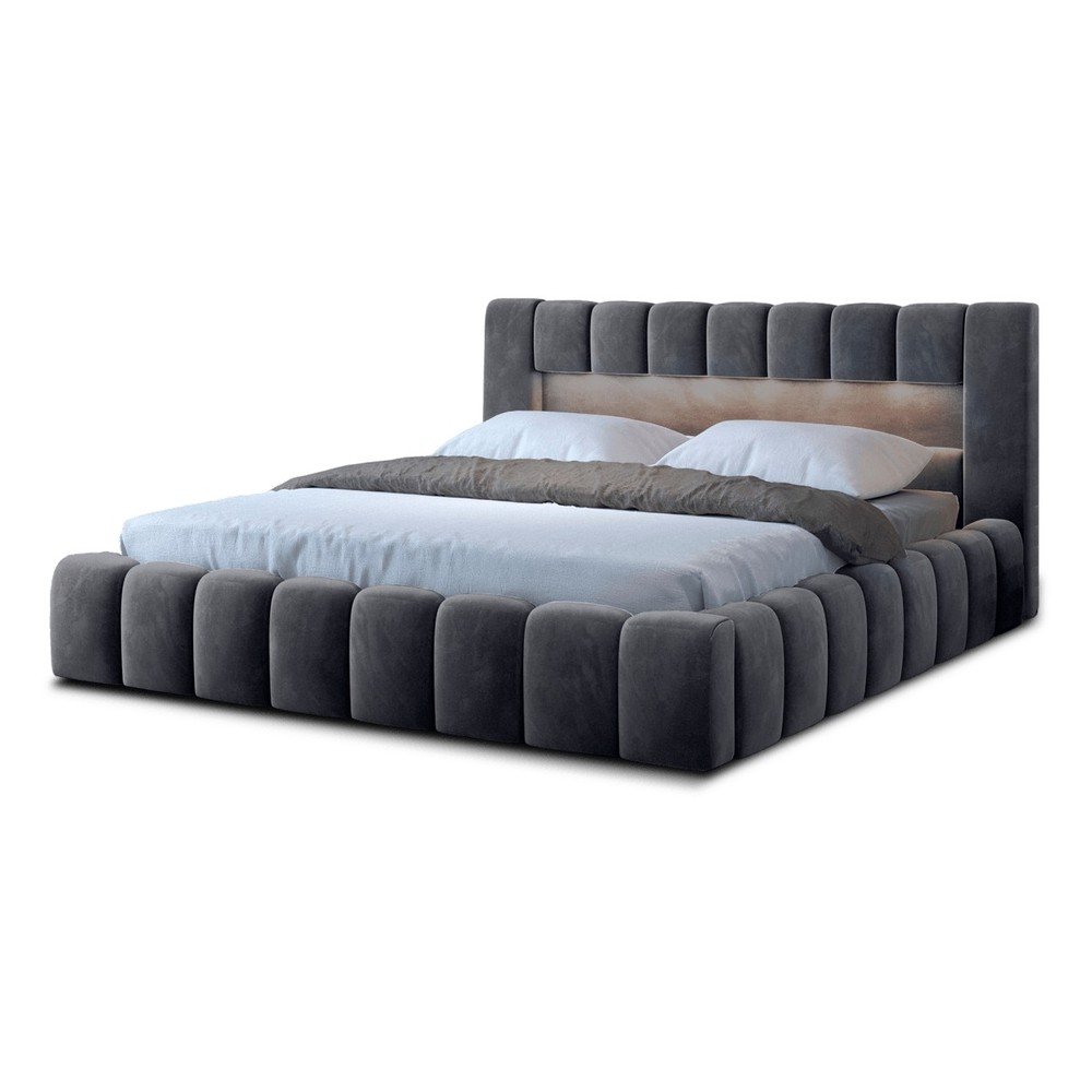 Szürke kárpitozott ágyneműtartós franciaágy ágyráccsal 180x200 cm Lamica – ELTAP