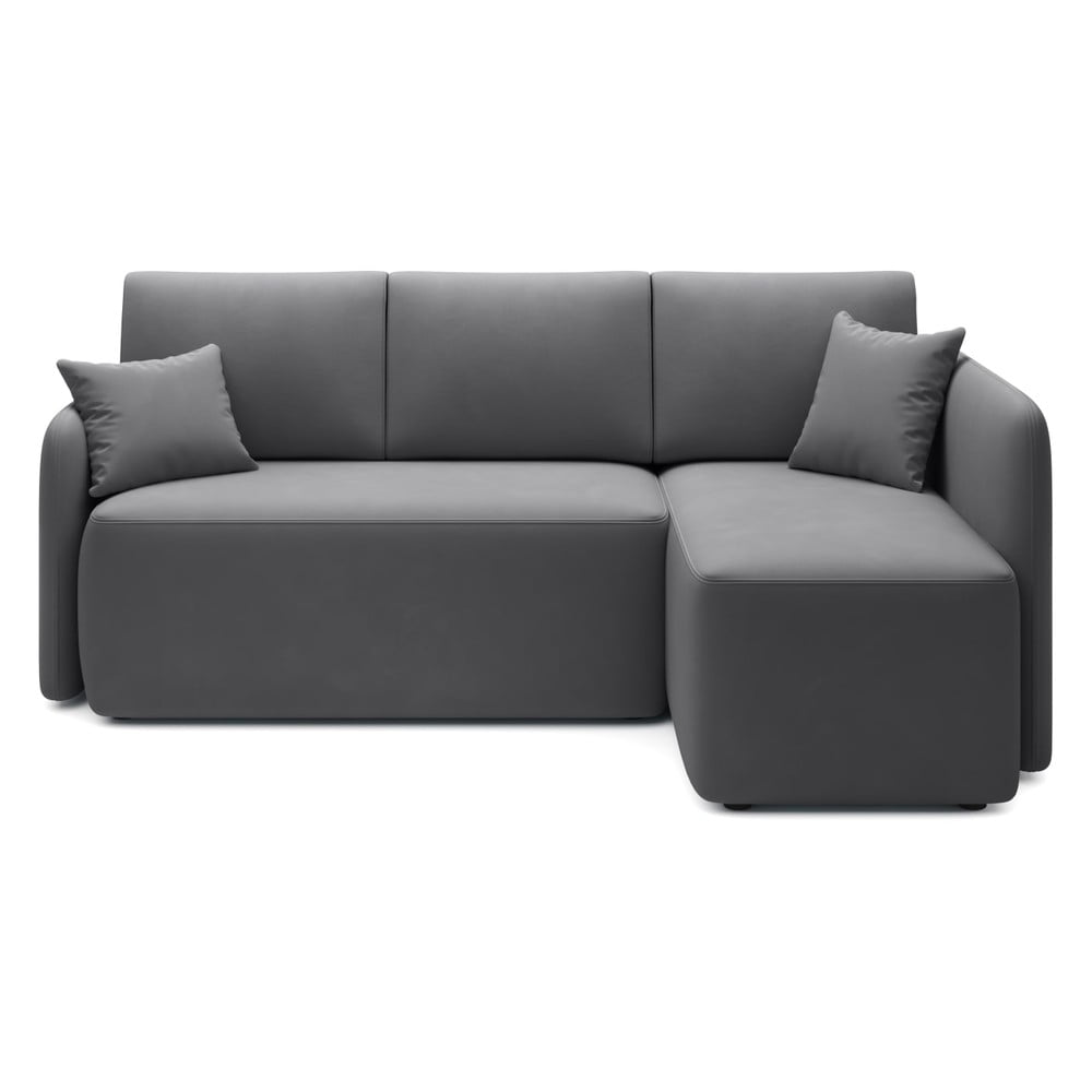 Szürkésbarna bársony kinyitható-tárolóhelyes sarokkanapé (jobb oldali-heverő résszel) Hadson – ELTAP