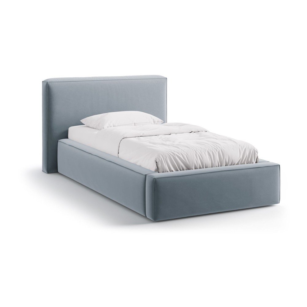 Világoskék kárpitozott ágyneműtartós egyszemélyes ágy ágyráccsal 90x200 cm Jodie – Micadoni