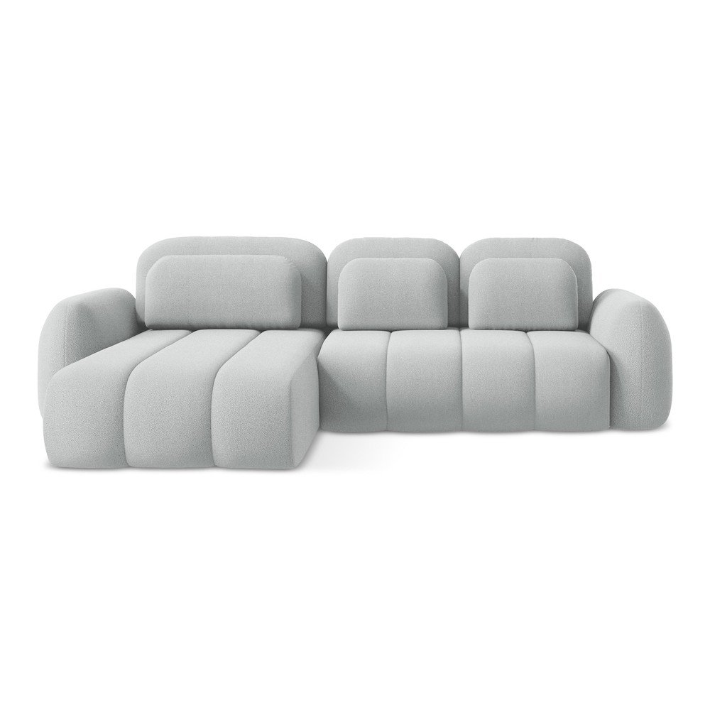 Világosszürke buklé kinyitható-tárolóhelyes sarokkanapé (bal oldali-heverő résszel) Pele – Makamii