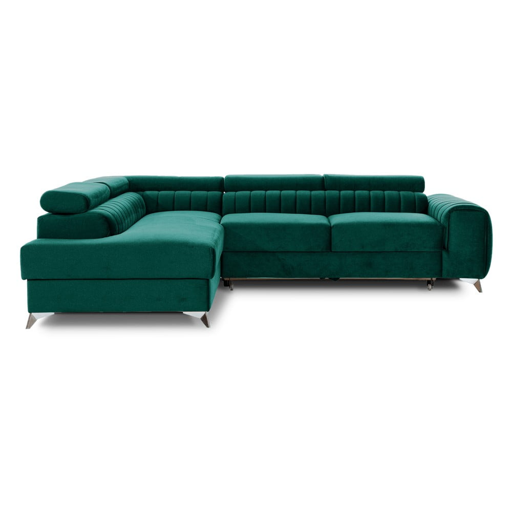 Zöld bársony kinyitható-tárolóhelyes sarokkanapé (bal oldali-L alakú) Laurence – ELTAP