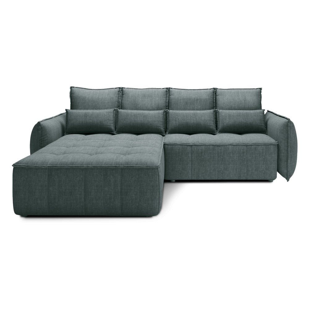 Zöld bársony kinyitható-tárolóhelyes sarokkanapé (bal oldali-heverő résszel) Campo – ELTAP