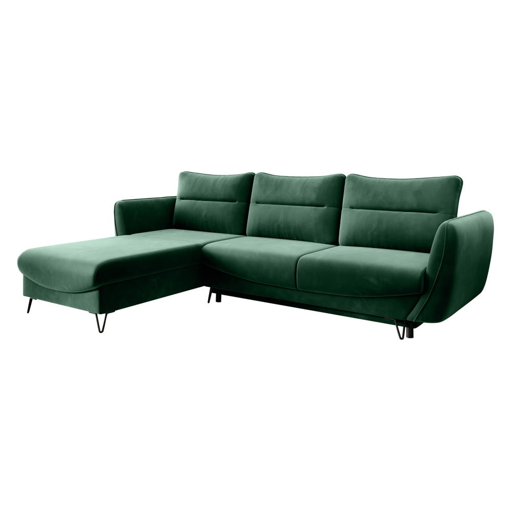 Zöld bársony kinyitható-tárolóhelyes sarokkanapé (bal oldali-heverő résszel) Silva – ELTAP