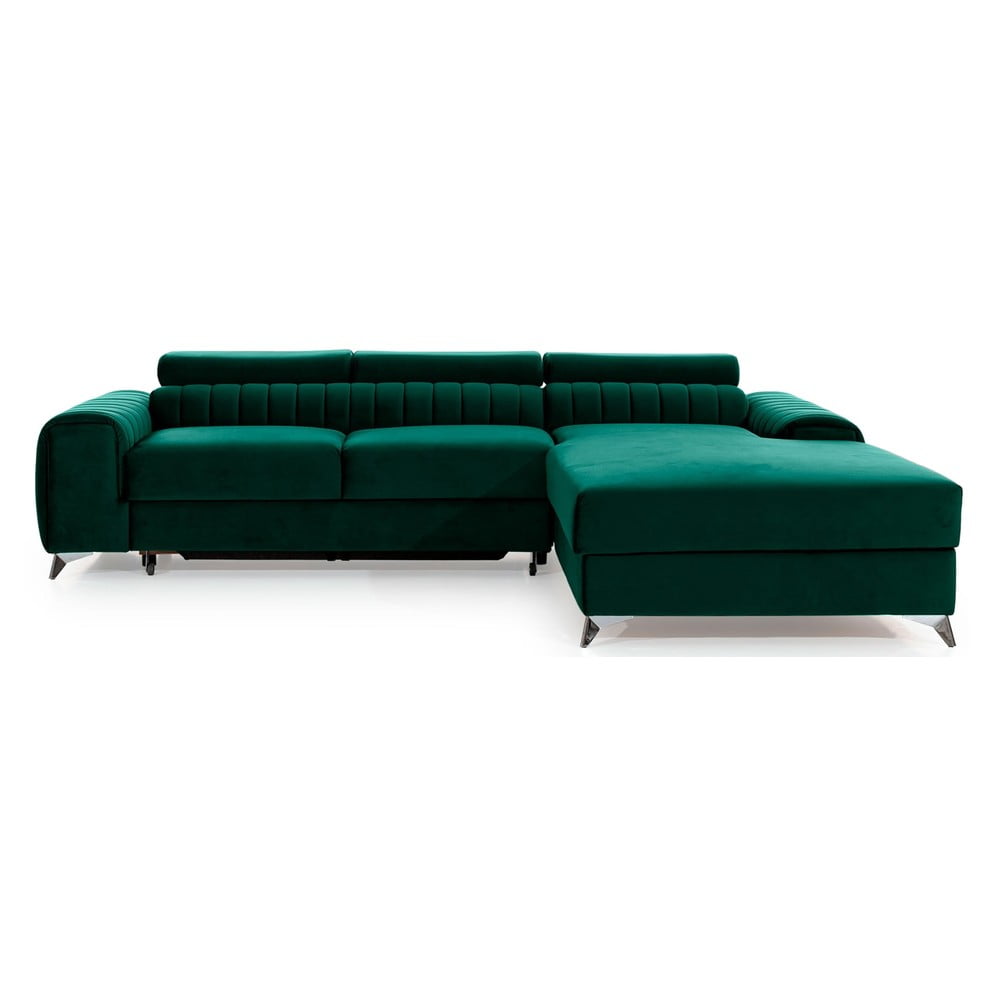 Zöld bársony kinyitható-tárolóhelyes sarokkanapé (jobb oldali-heverő résszel) Grayson – ELTAP