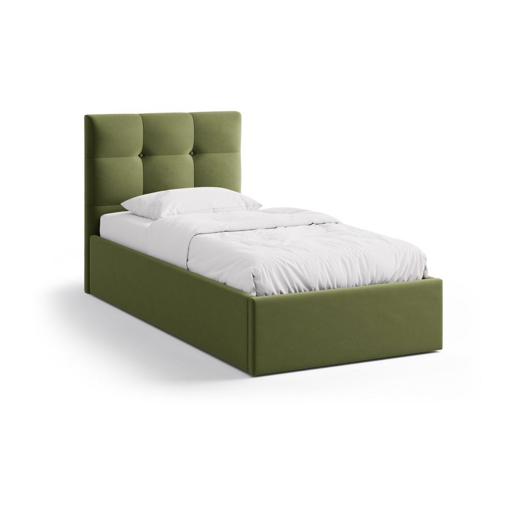 Zöld kárpitozott ágyneműtartós egyszemélyes ágy ágyráccsal 90x200 cm Phaedra – Micadoni