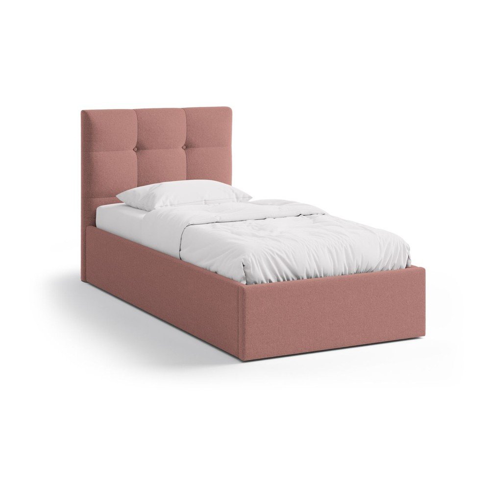 Rózsaszín kárpitozott ágyneműtartós egyszemélyes ágy ágyráccsal 90x200 cm Phaedra – Micadoni