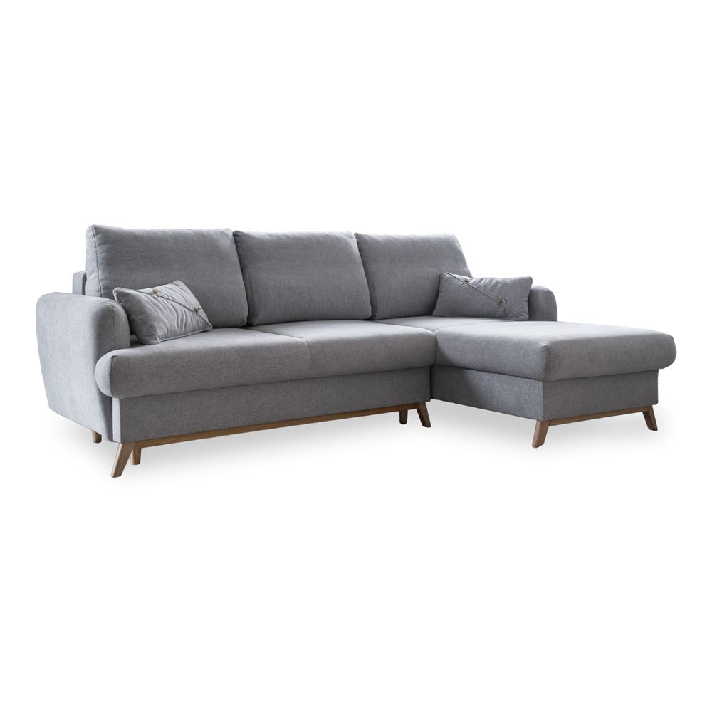 Világosszürke kinyitható-tárolóhelyes sarokkanapé (jobb oldali-heverő résszel) Scandic Lagom – Miuform