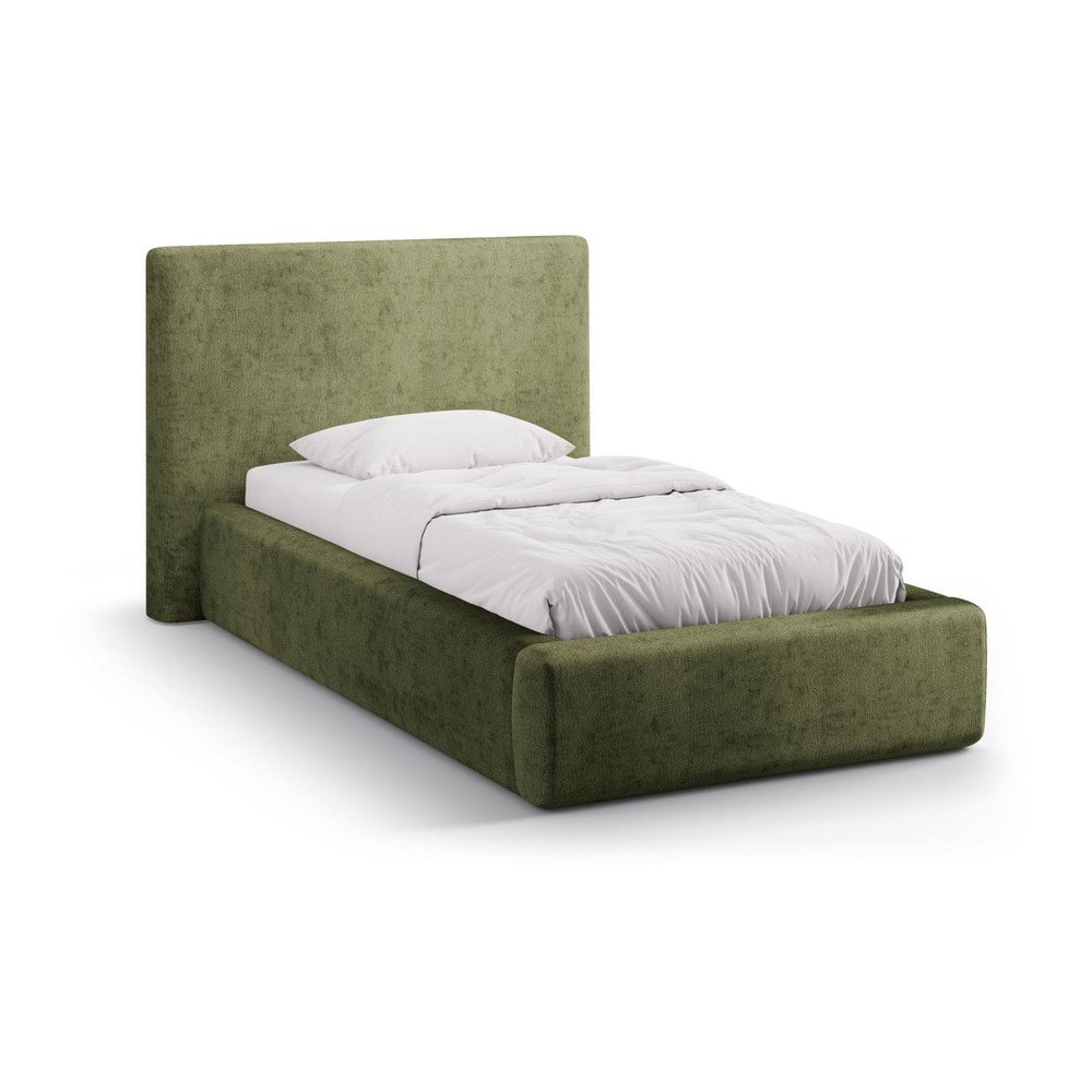 Zöld kárpitozott ágyneműtartós egyszemélyes ágy ágyráccsal 90x200 cm Amy – Micadoni