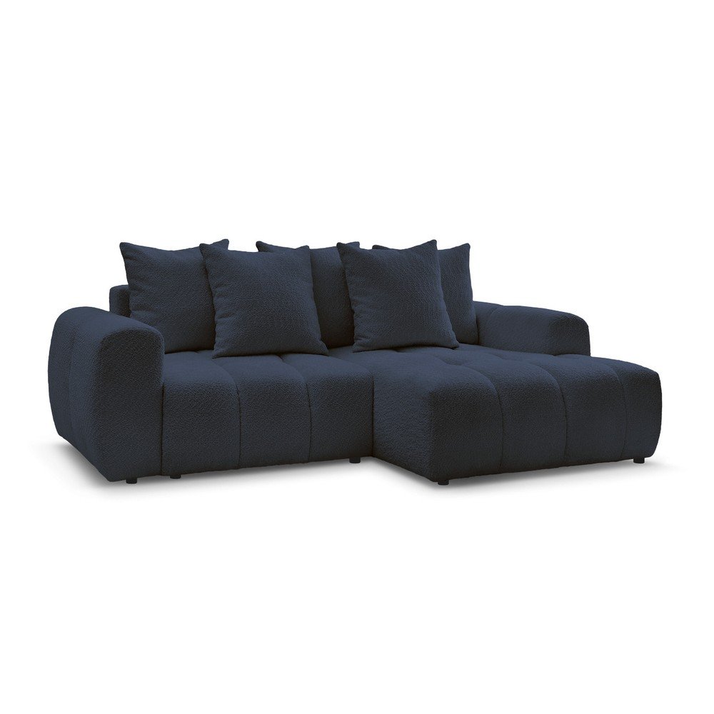 Kék buklé kinyitható-tárolóhelyes sarokkanapé (jobb oldali-heverő résszel) Roxelane – Bobochic Paris