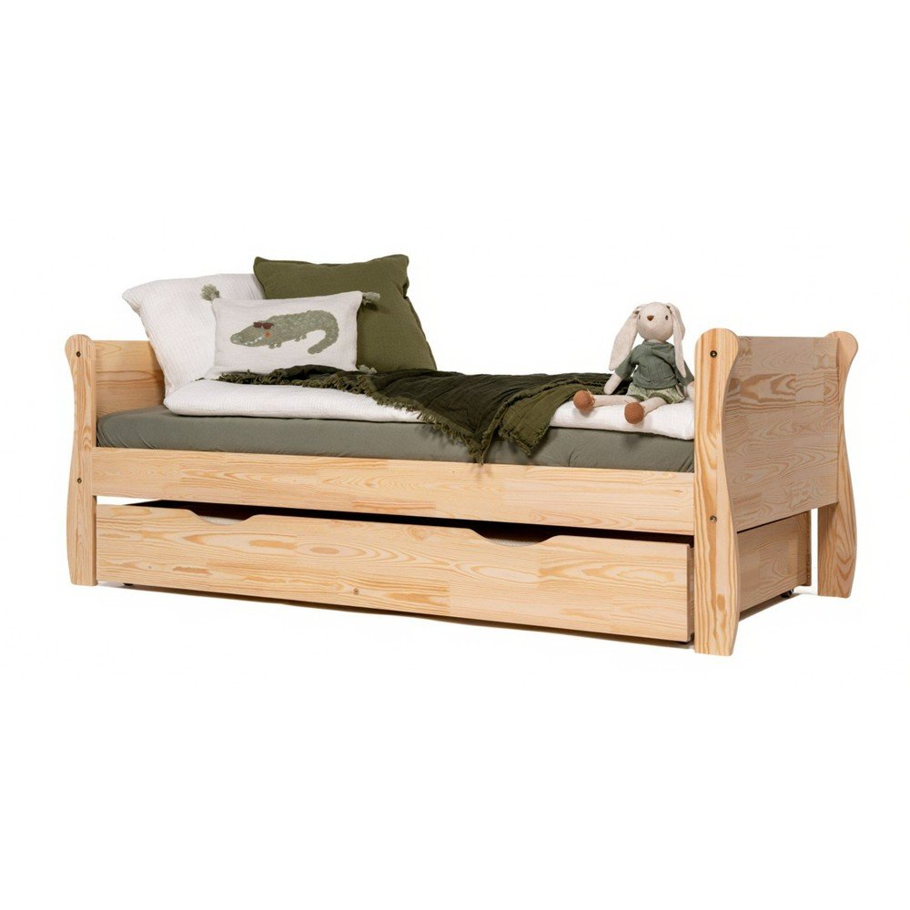 Natúr színű borovi fenyő ágyneműtartós gyerekágy kihúzható pótággyal